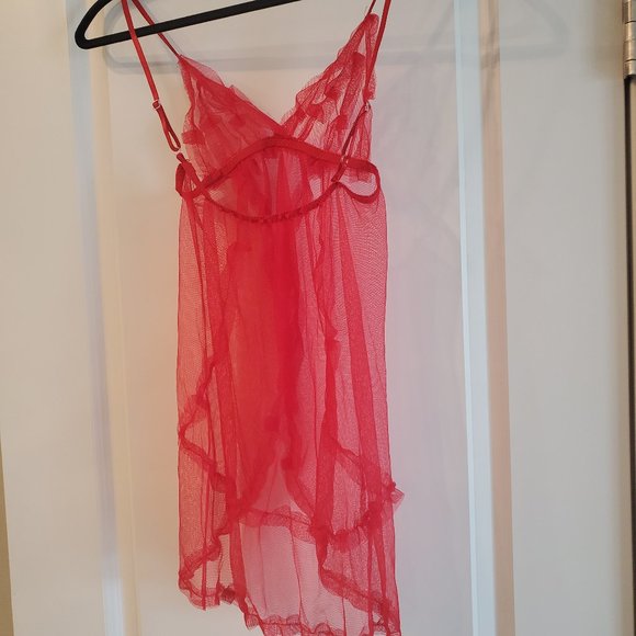 Red sheer babydoll lingerie sleepwear dress with open front slit OS - Picture 4 of 9